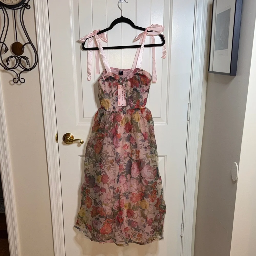 SHEIN Pink Floral Midi Dress with Ribbon Straps - Picture 2 of 5